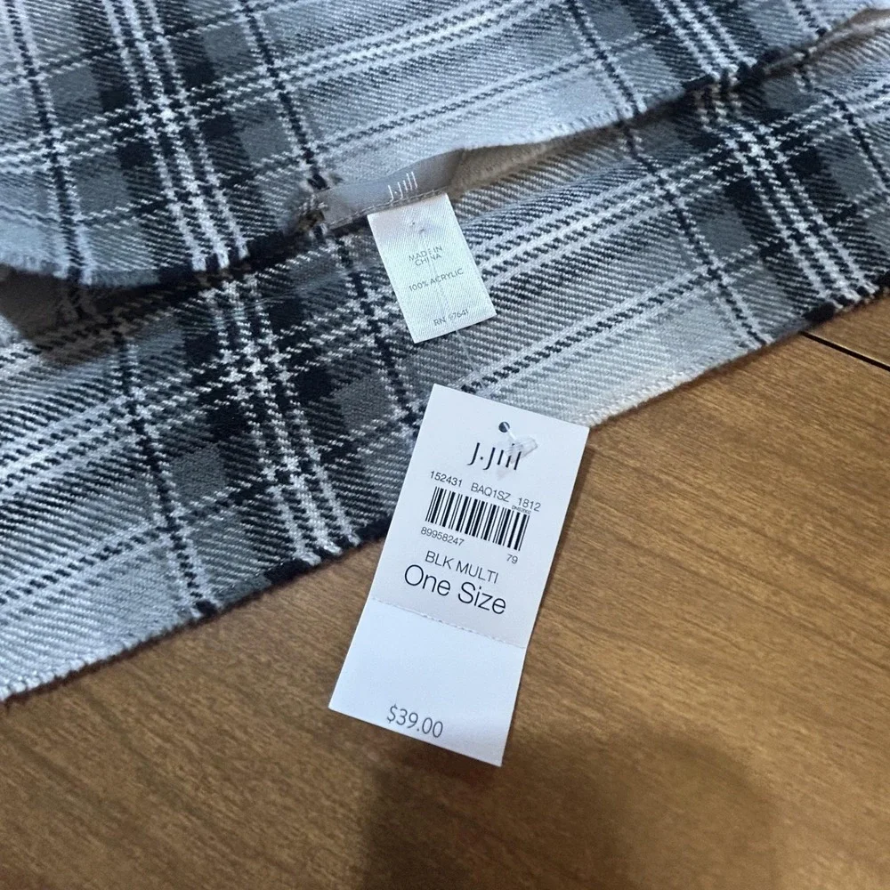 J Jill Scarf Womens One Size Black Multi Plaid Fringe Acrylic Rectangle NWT